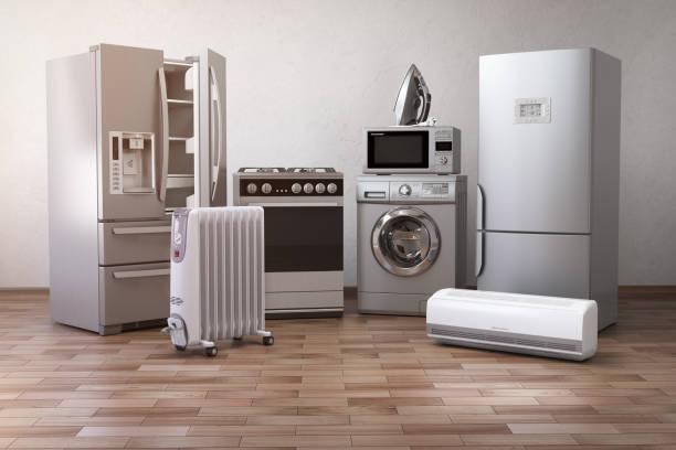 WeServe, a group of appliances standing against a white floor standing on wood floors